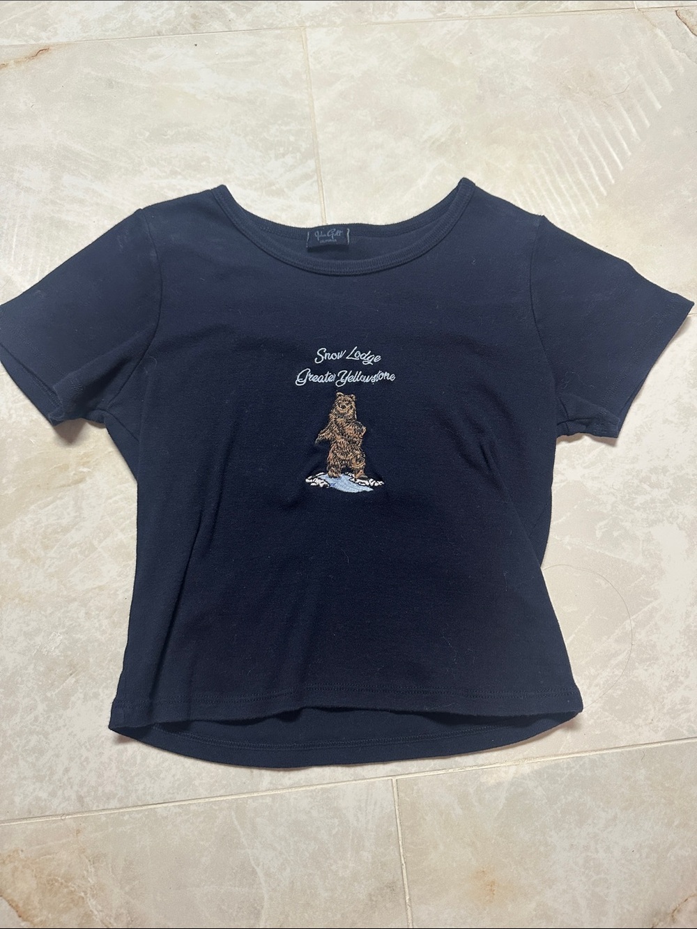 Brandy Melville Black Cropped Tee with Bear Embroidery